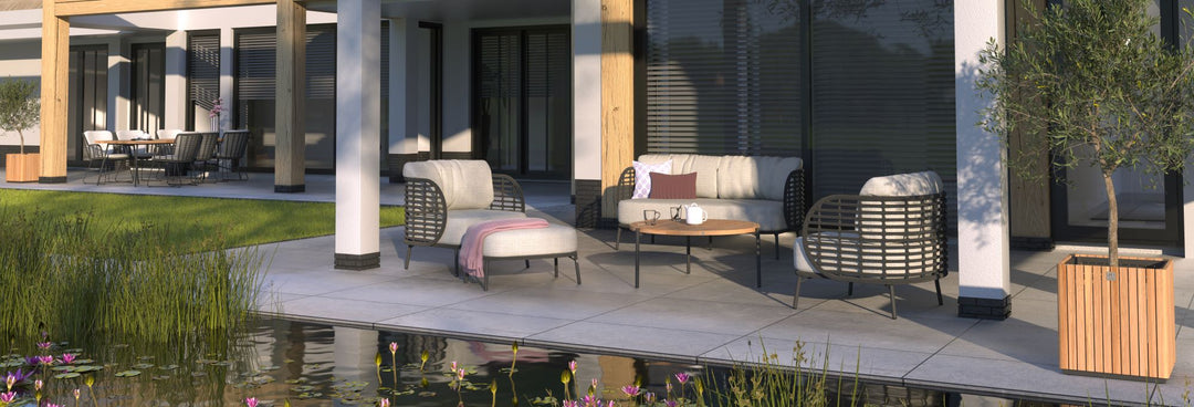 4SO Fabrice Outdoor Lounge Set with Footstool & 90cm Coffee Table - Black Aluminium Frame With Taupe Cushions