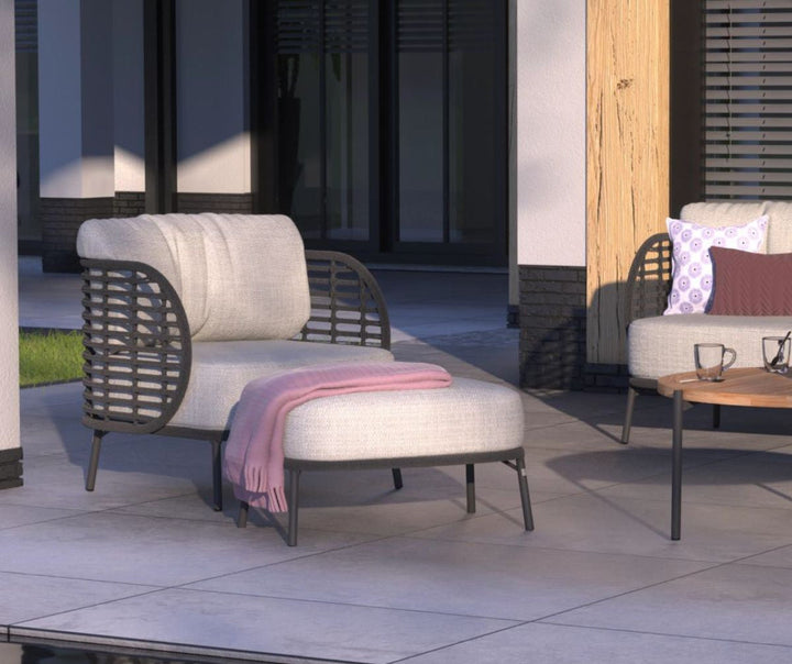 4SO Fabrice Outdoor Lounge Set with Footstool & 90cm Coffee Table - Black Aluminium Frame With Taupe Cushions