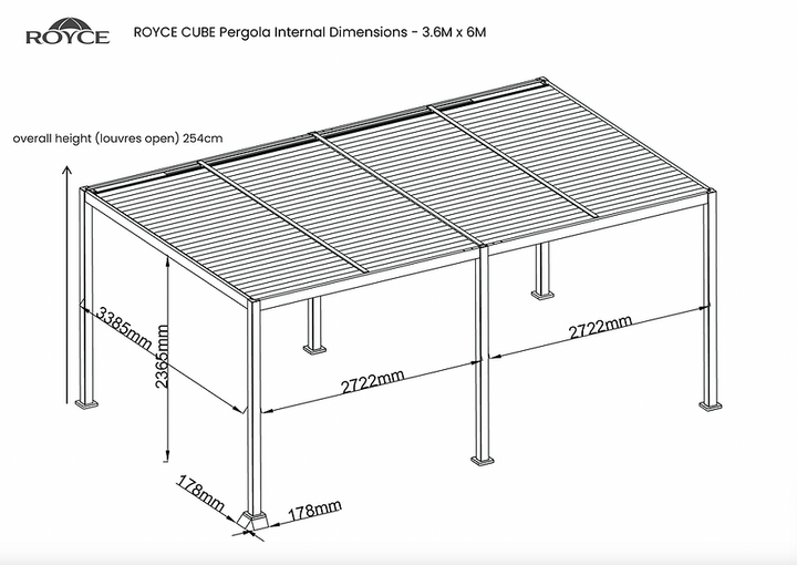 Royce Cube Aluminium 3.6 x 6 M Luxury Pergola with Solar LED Light Pack | Anthracite