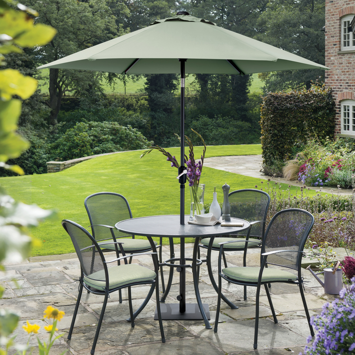 Kettler Caredo 4 Seat Set Round Dining Set with 110cm Round Mesh Table, Slate Cushions Pads, Parasol & Base