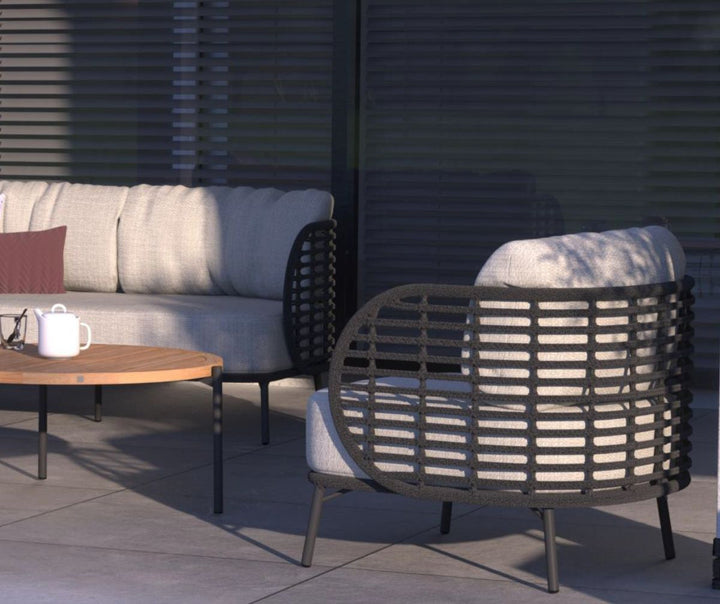 4SO Fabrice Outdoor Lounge Set with Footstool & 90cm Coffee Table - Black Aluminium Frame With Taupe Cushions
