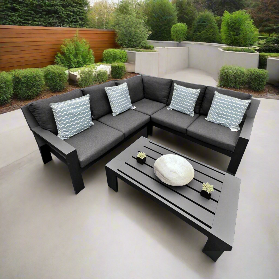 Jati & Kebon Cove Outdoor 5 Seat Corner Set Charcoal Sunbrella Cushions