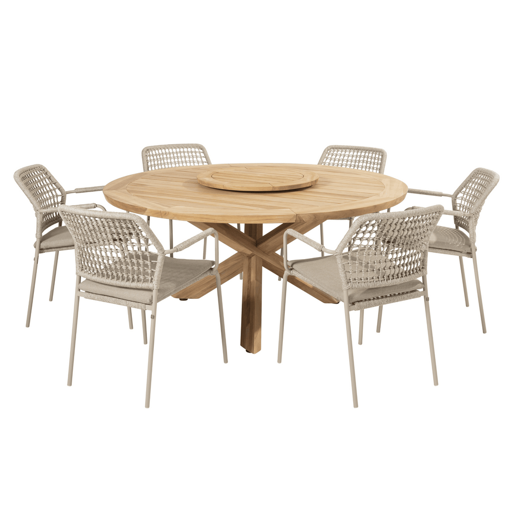 4SO Barista Outdoor 6 Seat Dining Set with Prado 160cm Teak Round Table with Lazy Susan