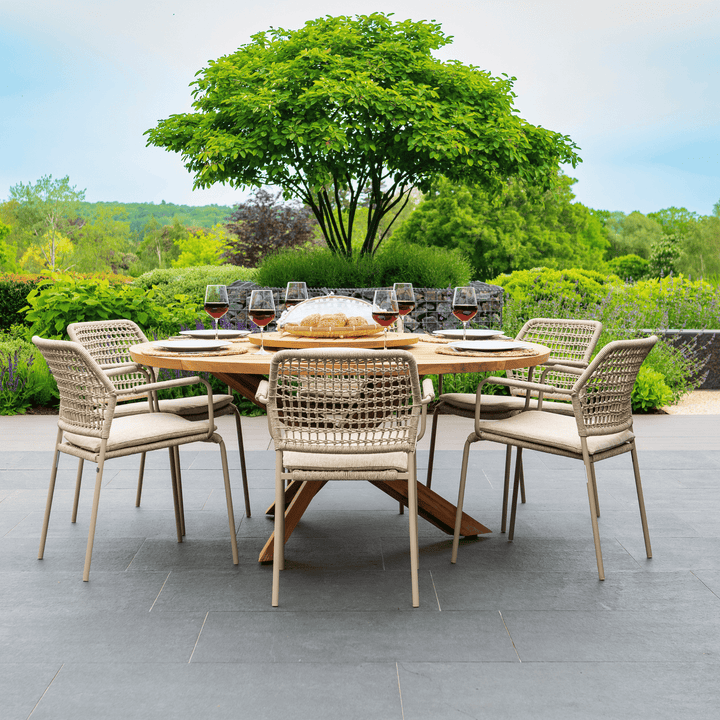 4SO Barista Outdoor 6 Seat Dining Set with Prado 160cm Teak Round Table with Lazy Susan
