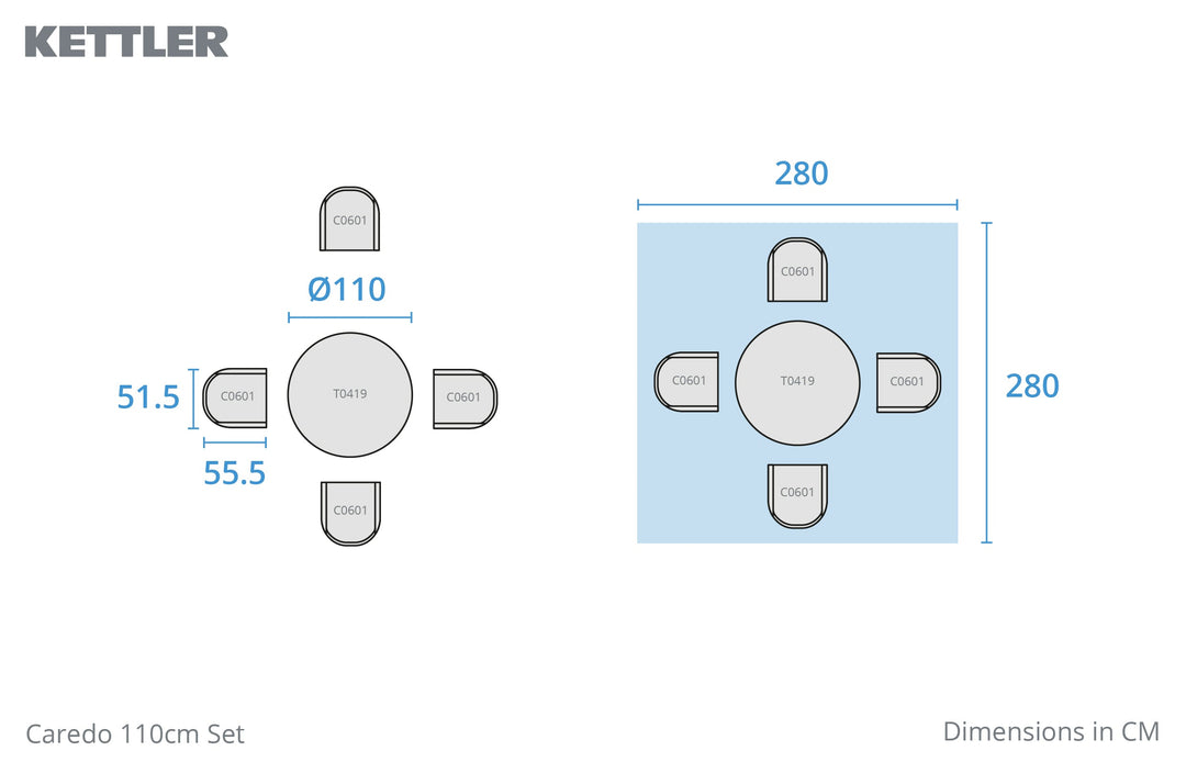 Kettler Caredo 4 Seat Set Round Dining Set with 110cm Round Mesh Table, Slate Cushions Pads, Parasol & Base