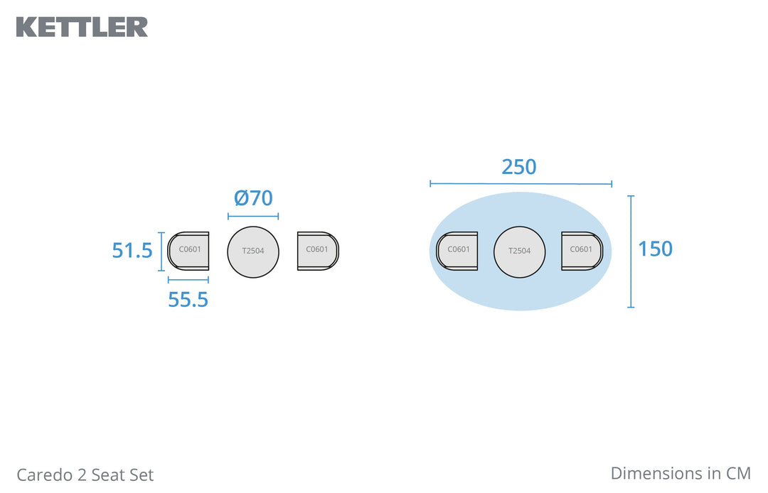 Kettler Caredo Bistro Set with 70cm Round Mesh Table, 2 Chairs with Sage Cushions Pads