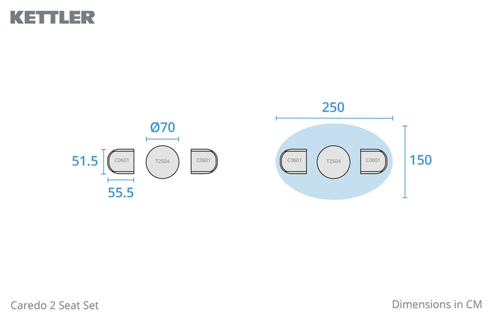 Kettler Caredo Bistro Set with 70cm Round Mesh Table, 2 Chairs with Sage Cushions Pads