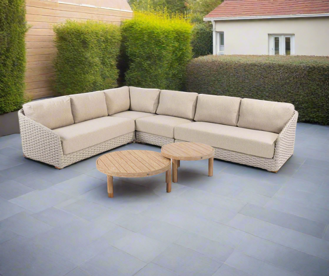 4SO Casanova Modular Outdoor Corner Big Sofa in latte with Sem Brushed Teak Tables