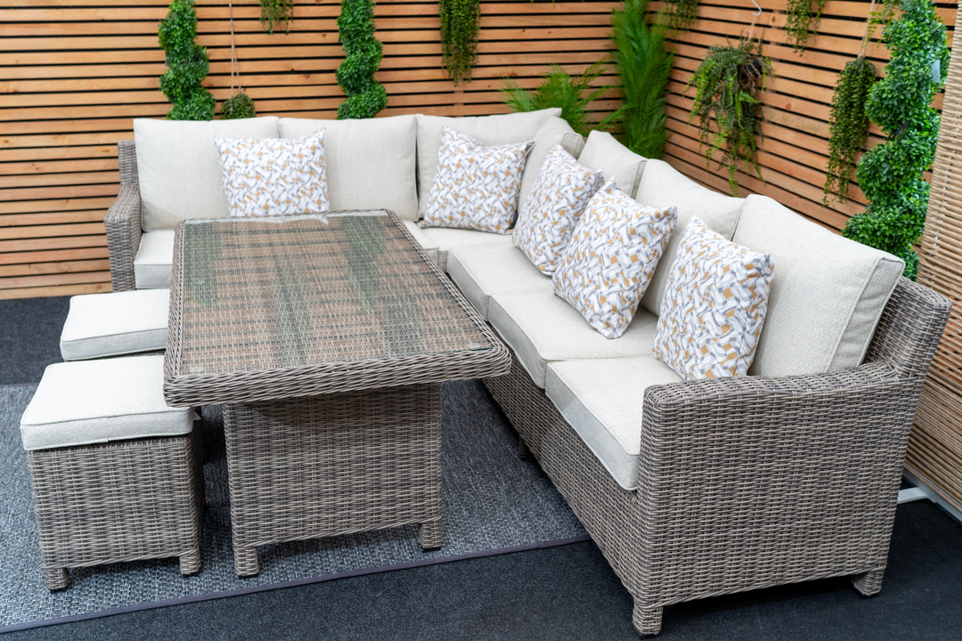 Kensington Rattan Right-Hand High Corner Outdoor Dining & Lounging Set | Seats 7