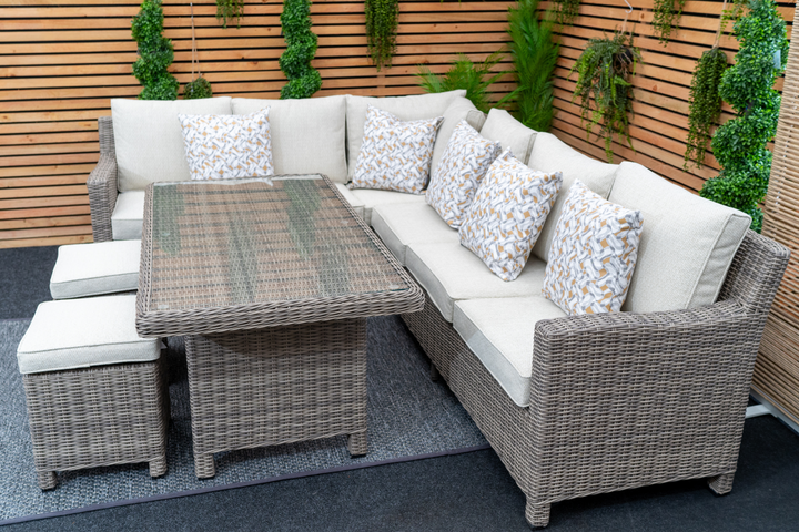 Kensington Rattan Right-Hand High Corner Outdoor Dining & Lounging Set | Seats 7
