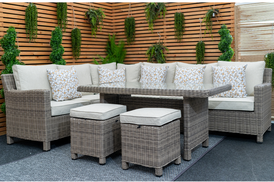 Kensington Rattan Right-Hand High Corner Outdoor Dining & Lounging Set | Seats 7