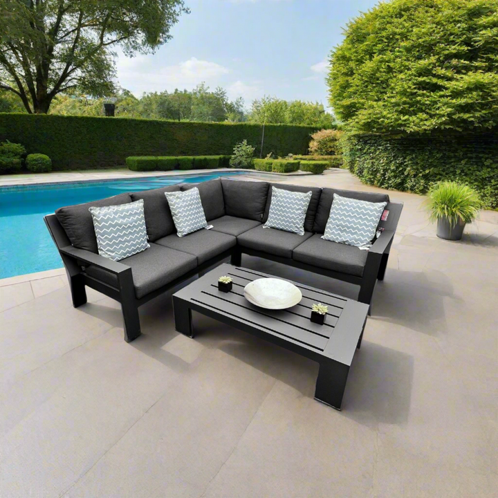 Jati & Kebon Cove Outdoor 5 Seat Corner Set Charcoal Sunbrella Cushions