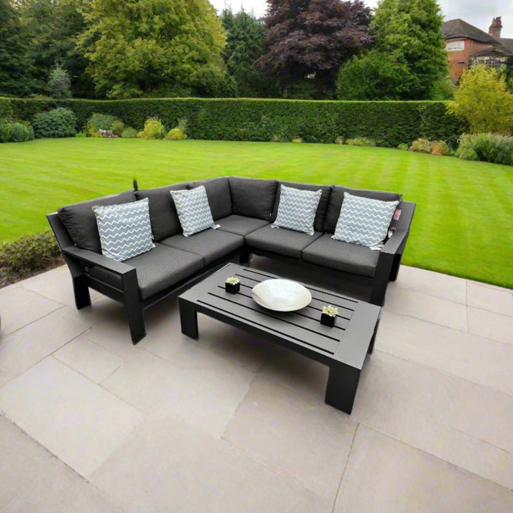 Jati & Kebon Cove Outdoor 5 Seat Corner Set Charcoal Sunbrella Cushions