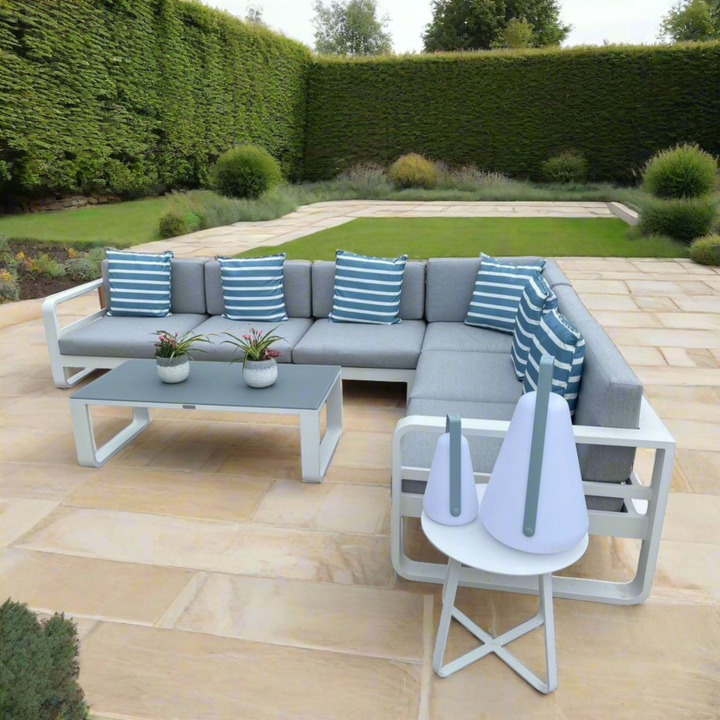 Jati & Kebon Coral Corner 6 Seat Garden Lounge Set - White Aluminium Frame  - Grey Sunbrella Cushions