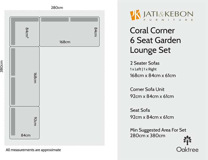 Jati & Kebon Coral Corner 6 Seat Garden Lounge Set - White Aluminium Frame  - Grey Sunbrella Cushions