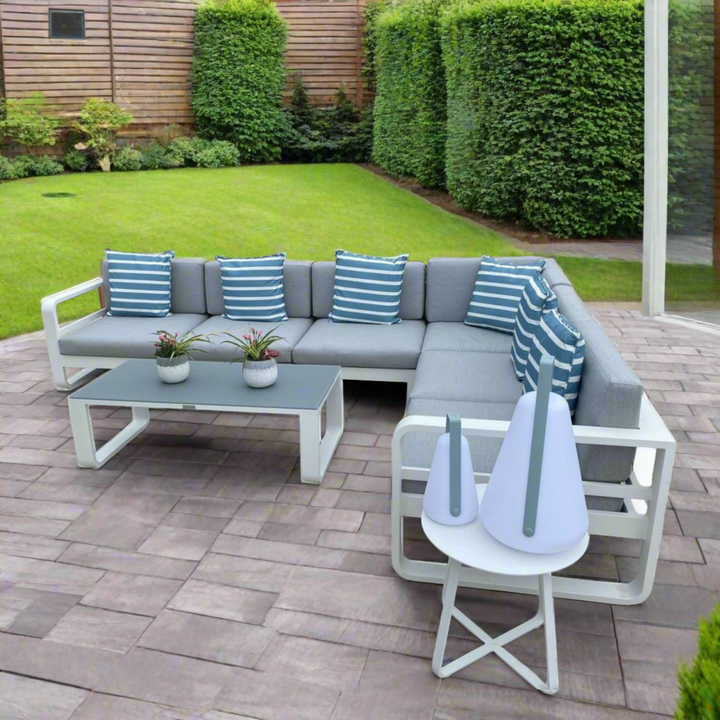 Jati & Kebon Coral Corner 6 Seat Garden Lounge Set - White Aluminium Frame  - Grey Sunbrella Cushions