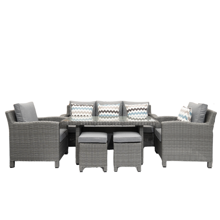 Kensington High 3 Seat Sofa & Armchair Outdoor Dining Set with Stools | Grey | Seats 7