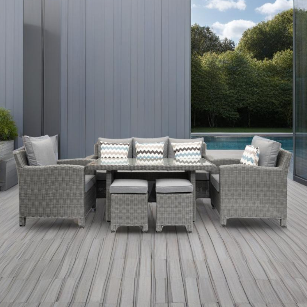 Kensington High 3 Seat Sofa & Armchair Outdoor Dining Set with Stools | Grey | Seats 7