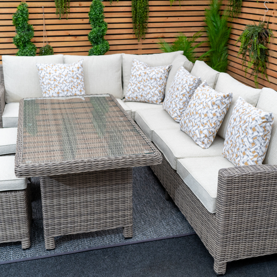 Kensington Rattan Right-Hand High Corner Outdoor Dining & Lounging Set | Seats 7