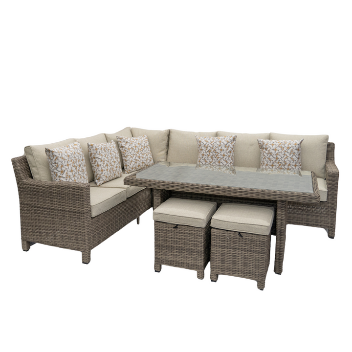 Kensington Rattan Right-Hand High Corner Outdoor Dining & Lounging Set | Seats 7