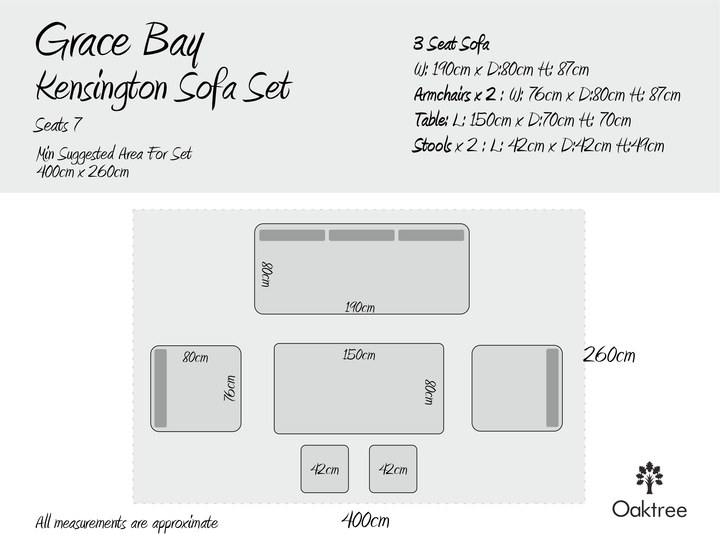 Kensington High 3 Seat Sofa & Armchair Outdoor Dining Set with Stools | Grey | Seats 7