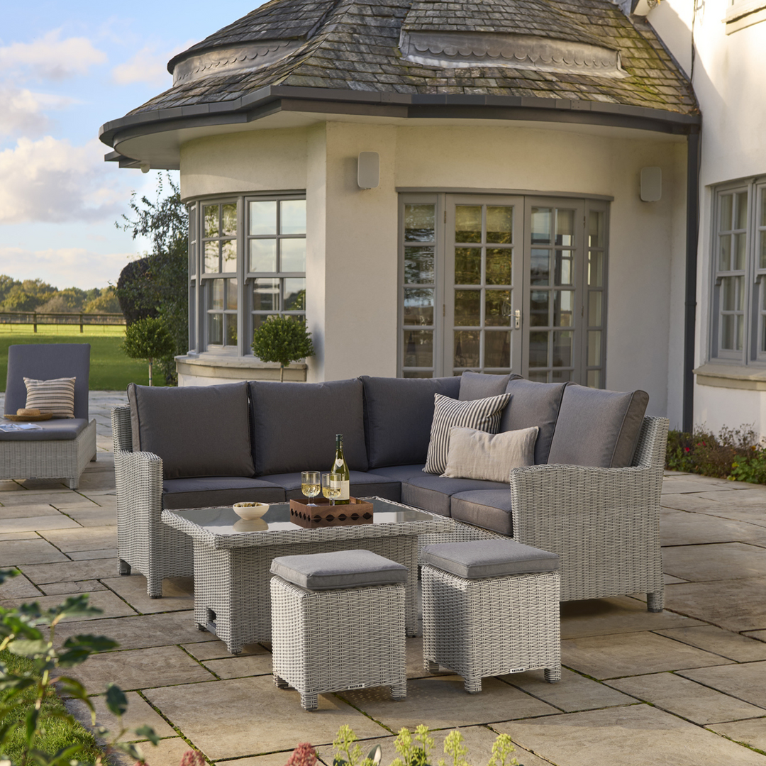 Kettler Palma Signature Mini Corner Sofa with Grey Taupe Cushion No Table | Whitewash Rattan