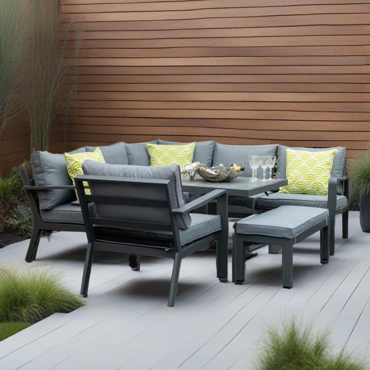 Mayfair Outdoor Compact Corner Sofa Lounging Dining Set with Rise & Fall Table