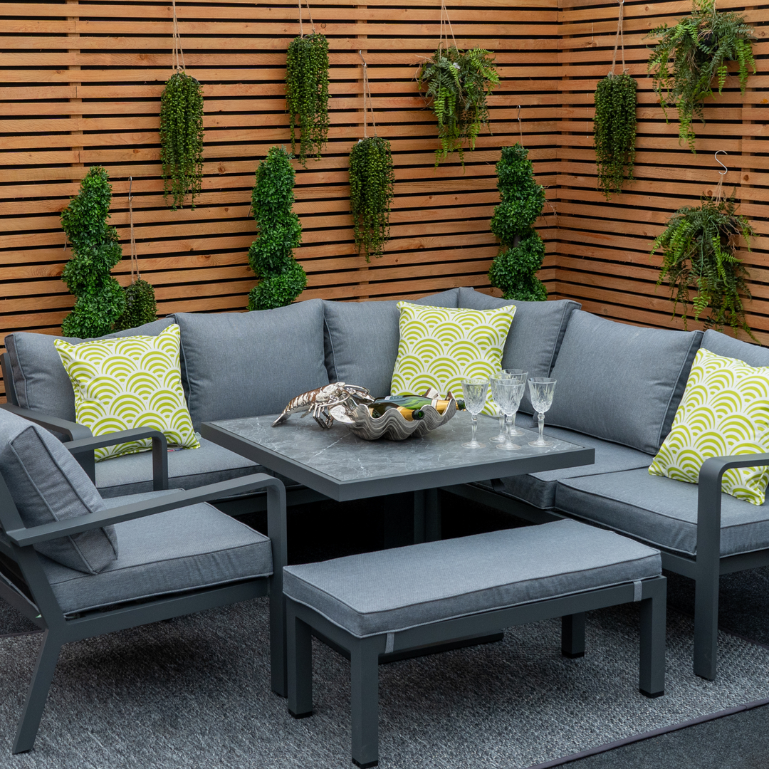 Mayfair Outdoor Compact Corner Sofa Lounging Dining Set with Rise & Fall Table