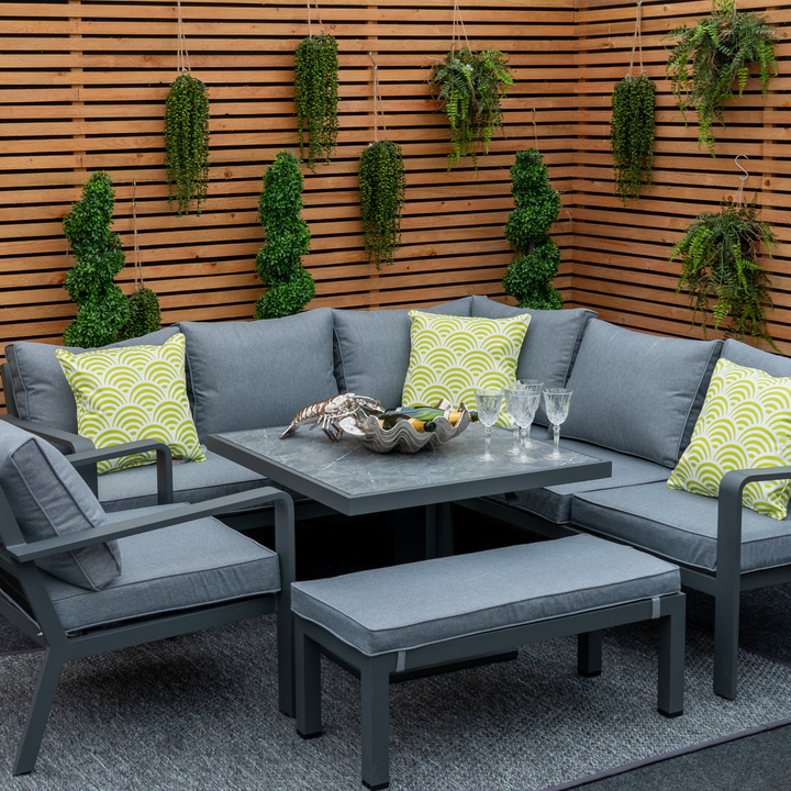 Mayfair Outdoor Compact Corner Sofa Lounging Dining Set with Rise & Fall Table