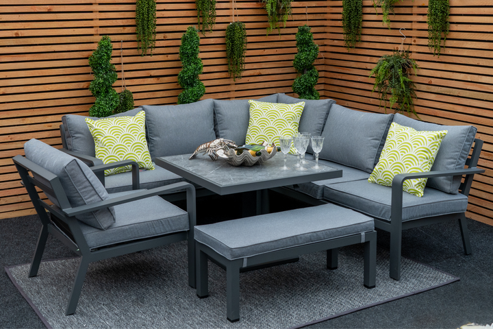 Mayfair Outdoor Compact Corner Sofa Lounging Dining Set with Rise & Fall Table