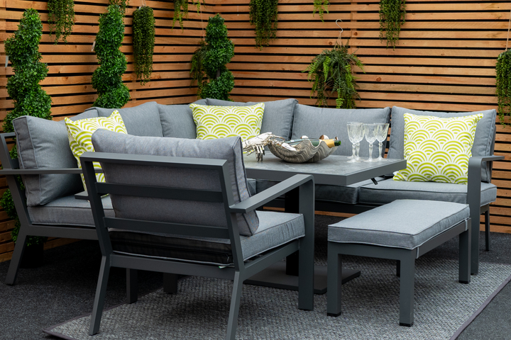 Mayfair Outdoor Compact Corner Sofa Lounging Dining Set with Rise & Fall Table