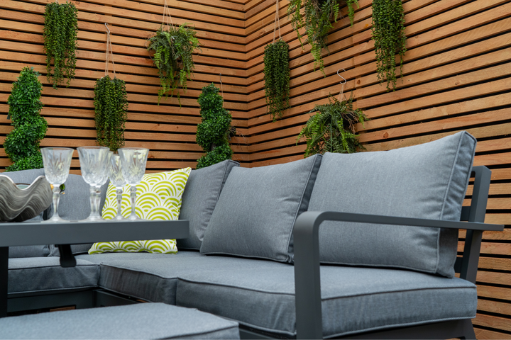 Mayfair Outdoor Compact Corner Sofa Lounging Dining Set with Rise & Fall Table