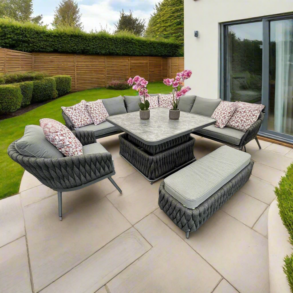 Chelsea Large Outdoor Corner Sofa Dining Lounging Set with Rise & Fall Table | Grey | Seats 8