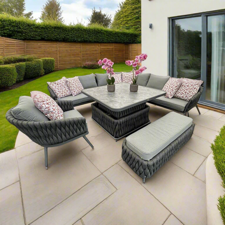 Chelsea Large Outdoor Corner Sofa Dining Lounging Set with Rise & Fall Table | Grey | Seats 8