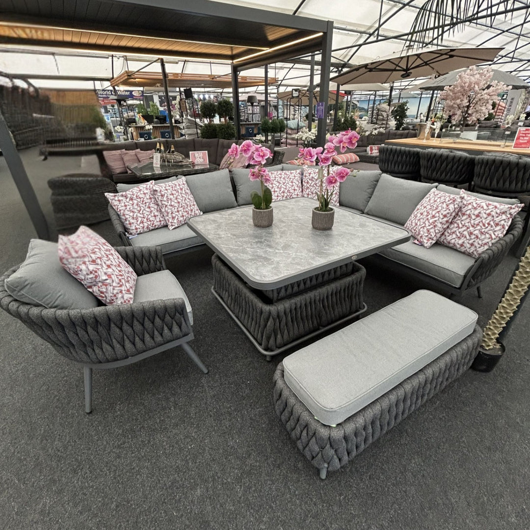 Chelsea Large Outdoor Corner Sofa Dining Lounging Set with Rise & Fall Table | Grey | Seats 8