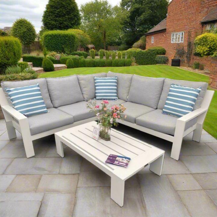 Jati & Kebon Cove 5 Seat Outdoor Corner Set White Sunbrella Cushions