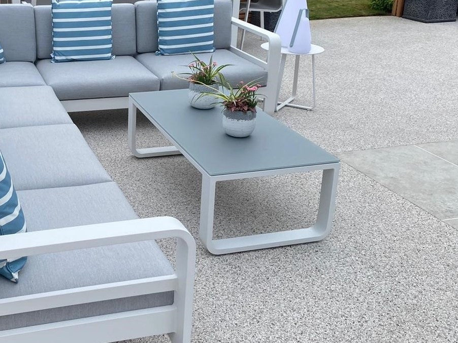 Jati & Kebon Coral Coffee Table | White Aluminium Frame - Grey Glass Top