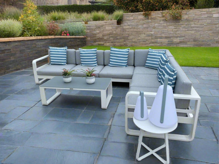 Jati & Kebon Coral Corner 6 Seat Garden Lounge Set - White Aluminium Frame  - Grey Sunbrella Cushions